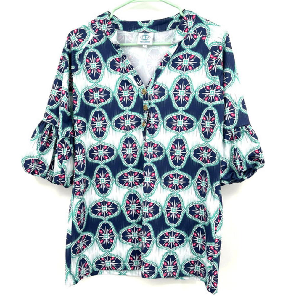 Tracy Negoshian size small geo print short sleeve puff sleeve v neck
